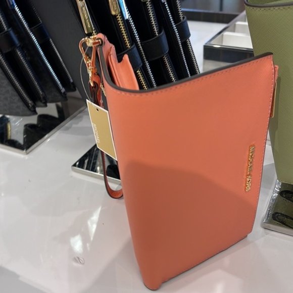 Michael Kors Jet Set Travel Leather Large Double Zip Wallet Wristlet Sherbert - Picture 14 of 16